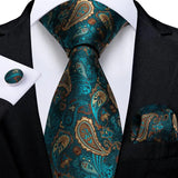 Hi-Tie Men's Tie Set Gold Paisley 100% Silk 8.5cm Wedding Ties For Men New Fashion Design Hanky Cufflinks Set Quality Necktie