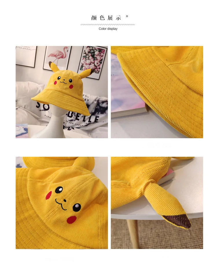 Anime Pika Bucket Hat Sun Hat with Ear Cute Cartoon Wide Brim Fisherman Beach Outdoor Baseball Hat Cap for Adult Kids Child