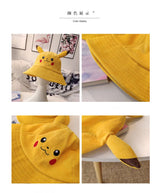Anime Pika Bucket Hat Sun Hat with Ear Cute Cartoon Wide Brim Fisherman Beach Outdoor Baseball Hat Cap for Adult Kids Child
