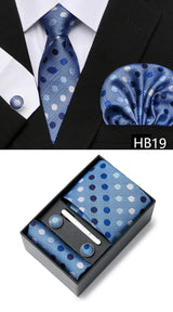 Gravatas For Men Newest design Silk Tie Handkerchief Cufflink Set Necktie Box Striped Blue Office