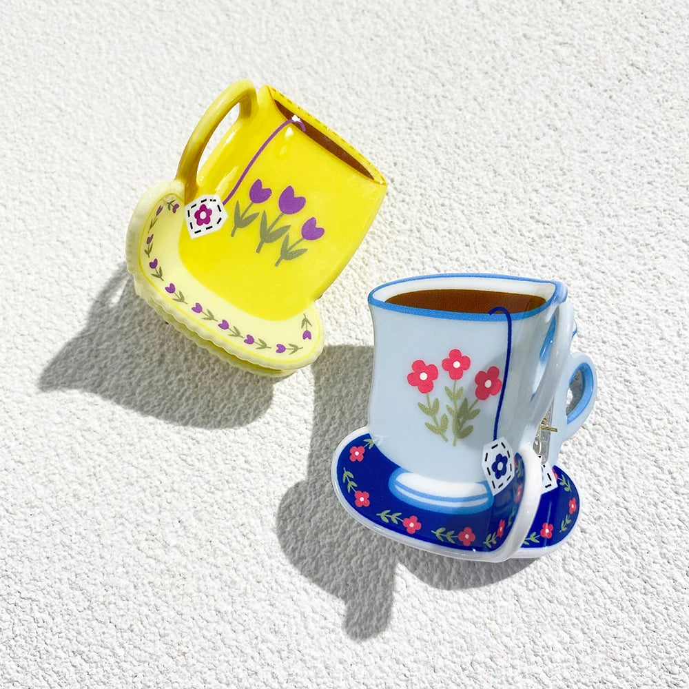 Sweet Cute Plastic Pastoral Flower Print Cup Shark Hairpin For Women Girls New Cute Vase Shape Hair Clip Claw Accessories