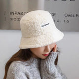 Thicken Lamb Bucket Hat Winter Plush Wool Warm Flat Top Fisherman Hats Outdoor Windproof Panama Bowl Beanie Streets Cap Women