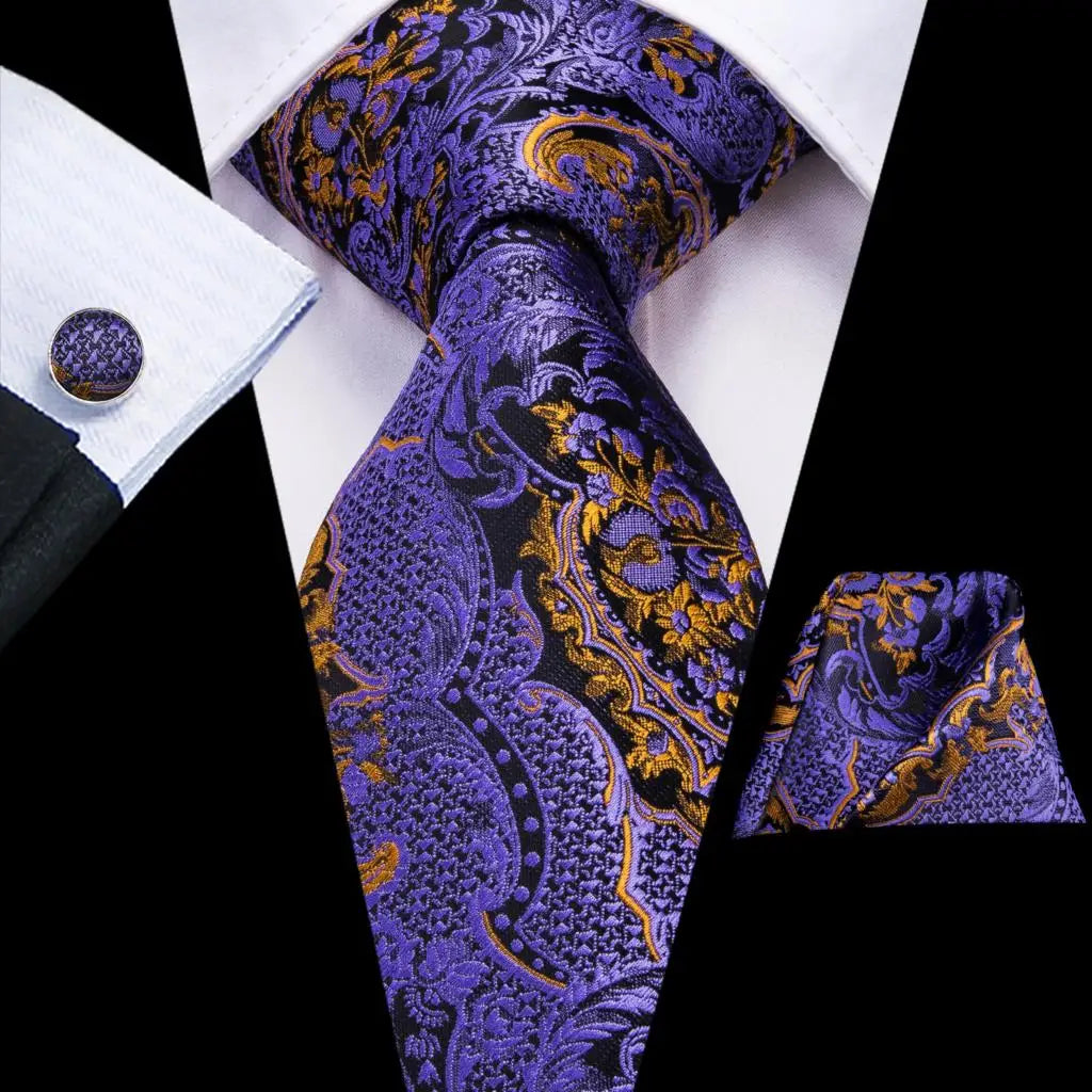 Hi-Tie Designer Purple Solid Paisley Silk Wedding Tie For Men Quality Hanky Cufflink Men Gift Necktie Set Fashion Dropshipping