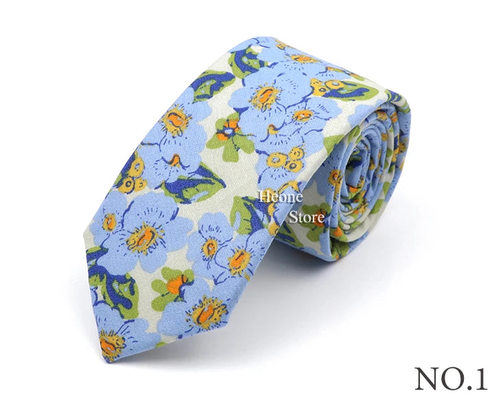 New Style Floral Printed 6cm Tie Blue Green Purple Skinny 100% Cotton Necktie For Men Women Wedding Party Suits Shirt Accessory