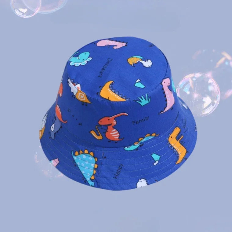 Cute Cartoon Printing Bucket Baby Hat Cotton Breathable Kids Fisherman Hat Infant Toddle Sun Hat with Drawstring for 1-5 Years
