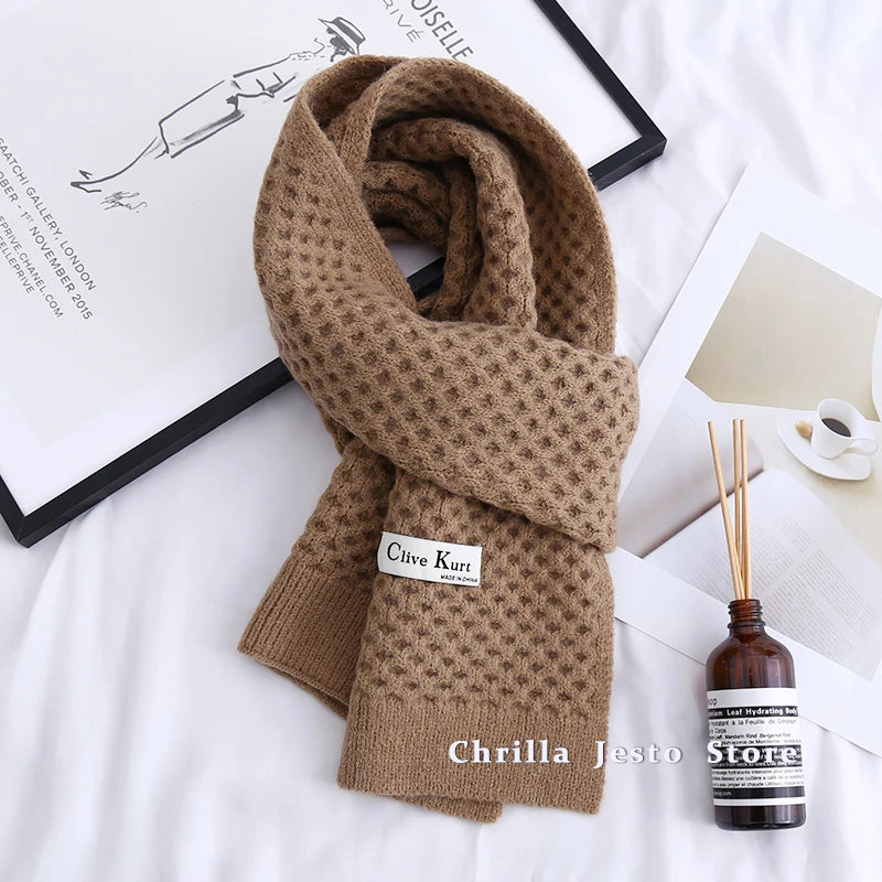 Autumn Winter Ladies Fashion Korean Style Walf Checks Knitted Scarf Solid Colour Women Long Warm Thick Neckerchief