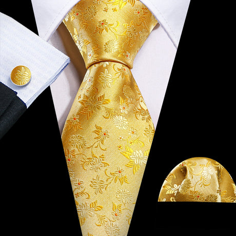 Barry.Wang Flower Silk Men Tie Hankerchief Cufflink Set Plum Blossom Rose Spiraea Necktie Cravat for Male Wedding Party Business