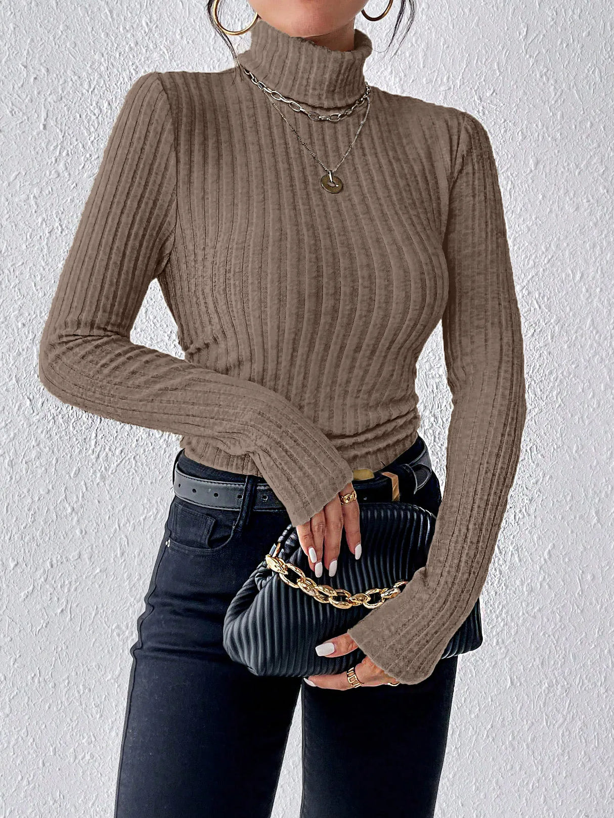 Autumn and Winter Sexy Texture Pit Stripe Slim Knit Long Sleeve Women's t-shirt New High Neck Women's Tops Casual Women's Tops
