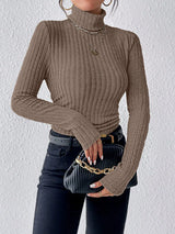 Autumn and Winter Sexy Texture Pit Stripe Slim Knit Long Sleeve Women's t-shirt New High Neck Women's Tops Casual Women's Tops
