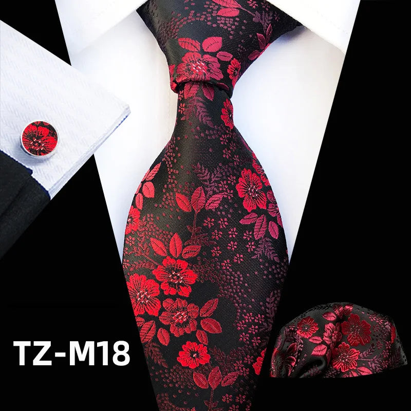 Floral Pink Silk Ties Set For Men Wedding Party Neck Tie Set Handkerchief Brooch Cufflinks Men Accessories High Quality Gravata