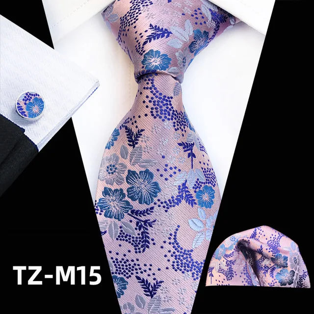 Floral Pink Silk Ties Set For Men Wedding Party Neck Tie Set Handkerchief Brooch Cufflinks Men Accessories High Quality Gravata