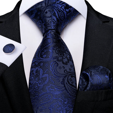 Elegant Blue Floral Paisley Men's 8cm Silk Tie Set with Pocket Square Cufflinks Business Suits Accessories Groom Wedding Cravat