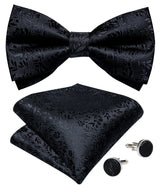 Classic Black Men Bow Ties 100% Silk Bowties Butterfly Pocket Square Cufflinks Set Suit Paisley Gold Pre-Tied Bow Tie DiBanGu