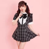 Japanese Style Gothic Y2k Lolita Plaid Rhinestone Bow Dress Shorts Set Sweet Women Puff Short Sleeve Button Shirt Party Dresses