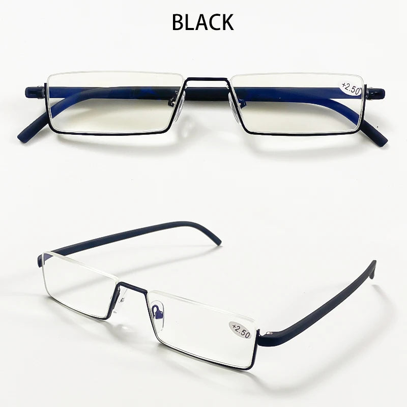 Men Women Metal Blue Light Blocking Reading Glasses with Case TR90 Half Frame HD Prescription Eyewear Presbyopia Diopter