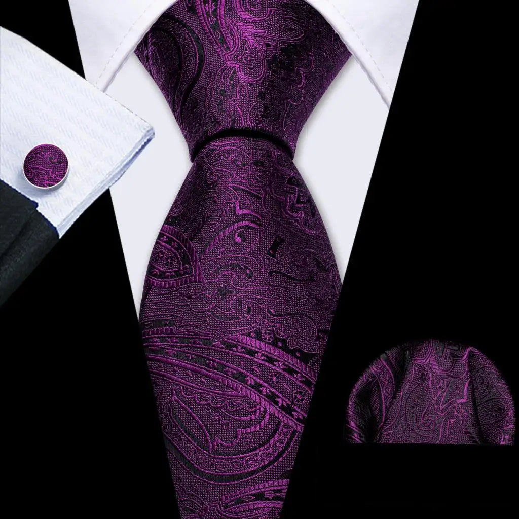 Male Gift Silk Men Tie Set Purple Violet Solid Paisley Striped Wedding Business Tie for Man Necktie Handky Cufflinks Barry.Wang