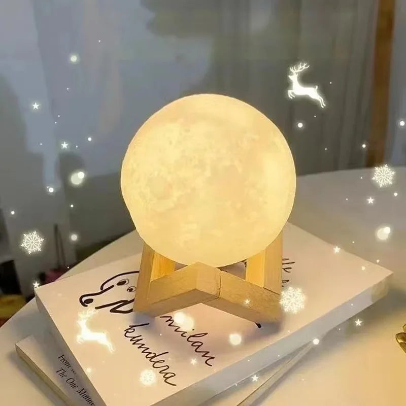 LED Night Light Moon Lamp DIY Starry Lamp Full Moon 3D Lamp Bedroom Decor Kids Birthday Gift Battery Power with Wooden Stand