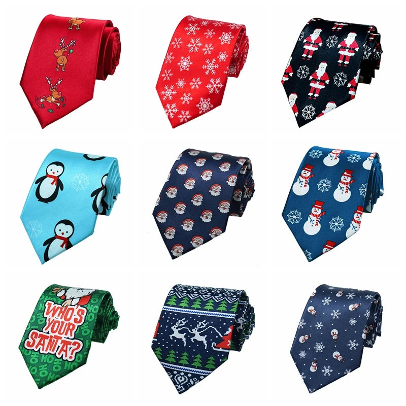 HUISHI 8cm Men's Christmas Tie High-density Blue Green Christmas Tree Elk Snowman Printed Neckties Celebration Party Anime Ties