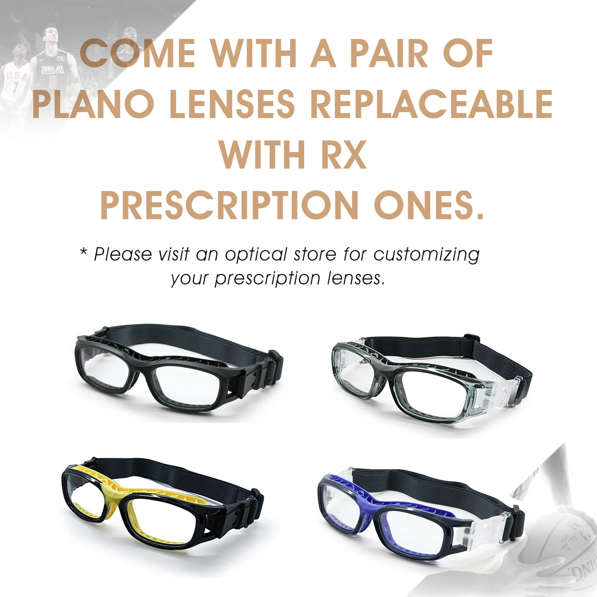 Sports Glasses Lens Replaceable Slim Fit Light Weight Impact-Resistant Protective Goggles Basketball Soccer Volleyball Tennis