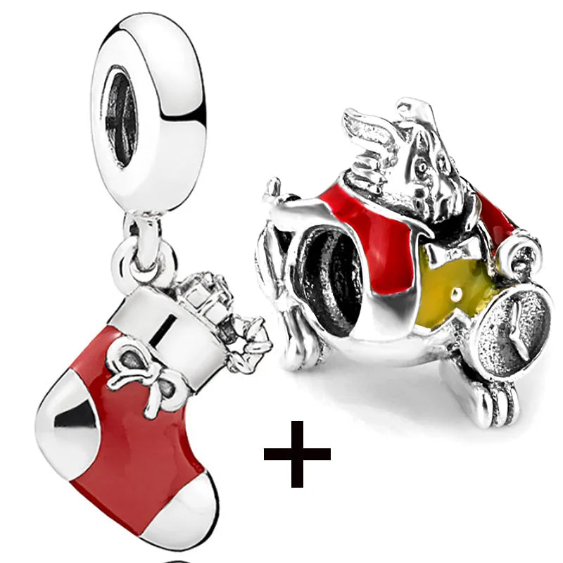 Buipoey 2pcs/lot Christmas Red Cane Gingerbread Man Charm Snowman Santa Beaded Sock Pendant DIY Beacelets jewelry Accessory Gift