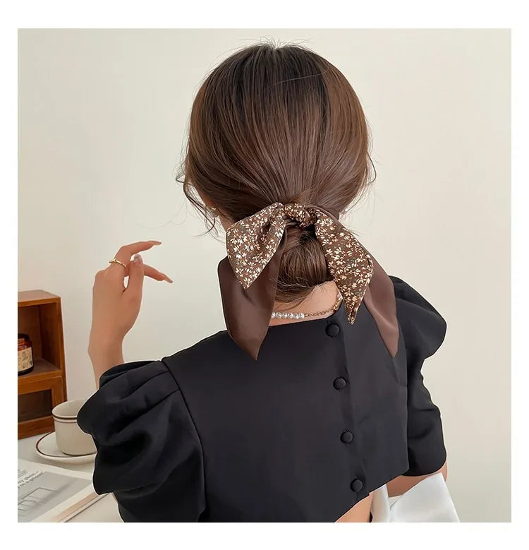 2024 New Korean Floral Bowknot Hair Ties for Women Girls Sweet Elastics Long Ribbon Ponytail Scarf Hair Tie Hair Accessories