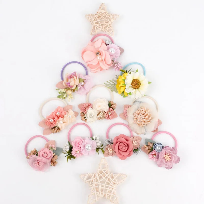 Handmade Flower Elastics Hair Ties For Kids Girls Stretchy Rubber Hairband Slim Headband Scrunchies Ponytail Holder Ring Loop