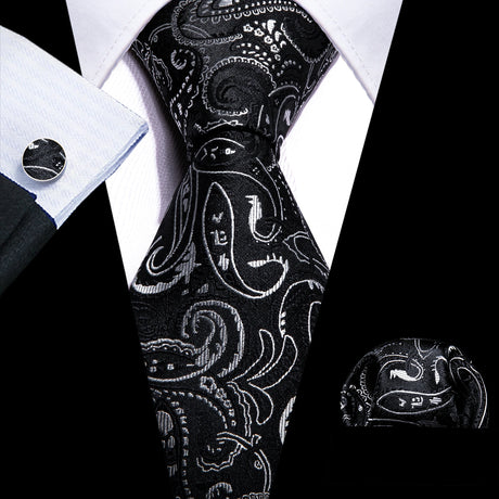 Business Black Silk Ties For Men Classic Solid High Quality Woven Pocket Square Cufflinks Sets Party Formal Designer Barry.Wang