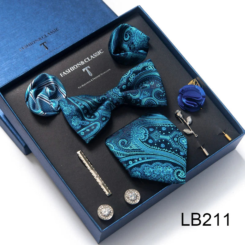 Brand Newest Design Silk Tie Set Handkerchief Pocket Squares Cufflink Bow Tie Clip Necktie Set Bussiness Wedding Suit Gift Box