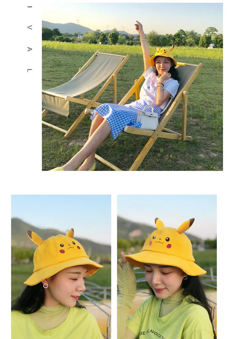 Anime Pika Bucket Hat Sun Hat with Ear Cute Cartoon Wide Brim Fisherman Beach Outdoor Baseball Hat Cap for Adult Kids Child