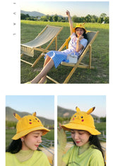 Anime Pika Bucket Hat Sun Hat with Ear Cute Cartoon Wide Brim Fisherman Beach Outdoor Baseball Hat Cap for Adult Kids Child
