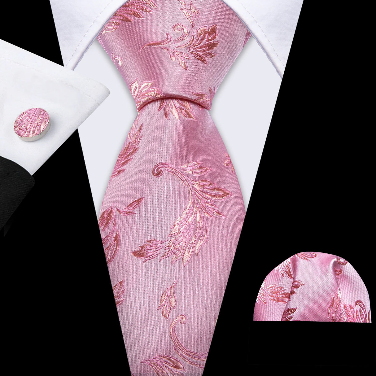 Black Gold Pink Men Wedding Neck Tie Silm Floral Silk Necktie Jacquard Pocket Square Cufflinks Sets Business Party Barry.Wang