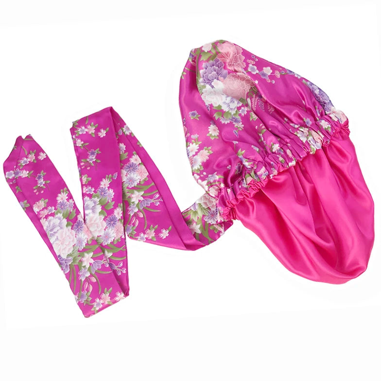 Soft Silky Print Satin Bonnet for Women Large Nightcap with Long Satin Ribbon Tie Band Bonnet Adjustable Wide Band Head Wrap Hat