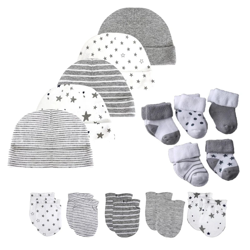 15Pieces New Born Gloves+Hats+Socks Sets Cartoon 100%Cotton Baby Boy Girl Headwear 0-12M Solid Color Infant Supplies Accessories