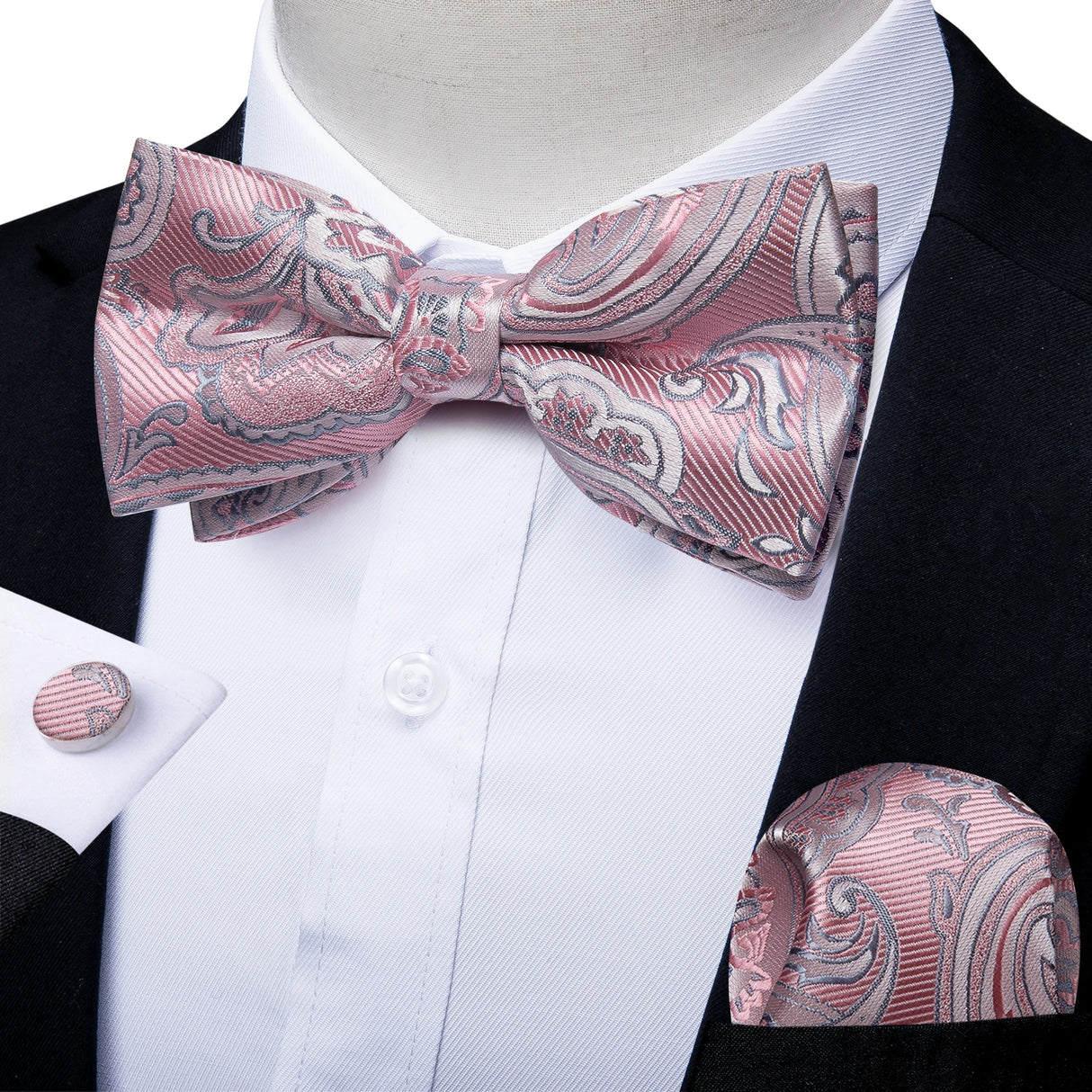 Classic Black Men Bow Ties 100% Silk Bowties Butterfly Pocket Square Cufflinks Set Suit Paisley Gold Pre-Tied Bow Tie DiBanGu
