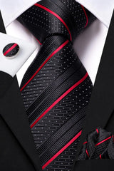 Black Red Striped Silk Wedding Tie For Men Handky Cufflink Gift Men Necktie Fashion Business Party Dropshiping Hi-Tie Designer