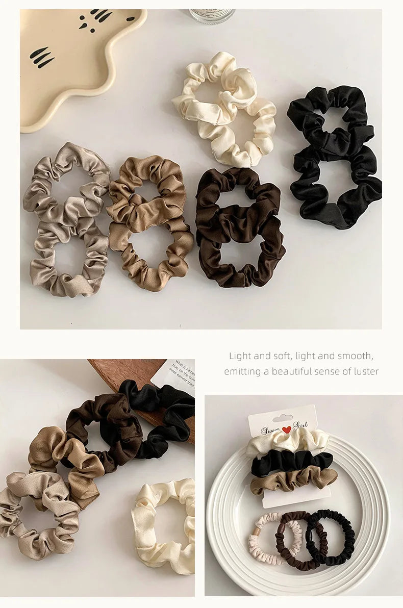 3/4/5 PCS Elastic Bands Elegant Solid Color Satin Pleated Scrunchies Woman Strong Ponytail Hair Ties Accessories Wholesale