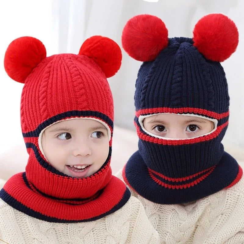 2-4year kid's knitted hat winter warm woolen hat  mask scarf one-piece