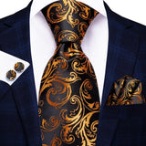 Hi-Tie Black Floral Silk Wedding Tie For Men Handky Cufflink Gift Necktie For Men Fashion Design Business Party Dropshiping