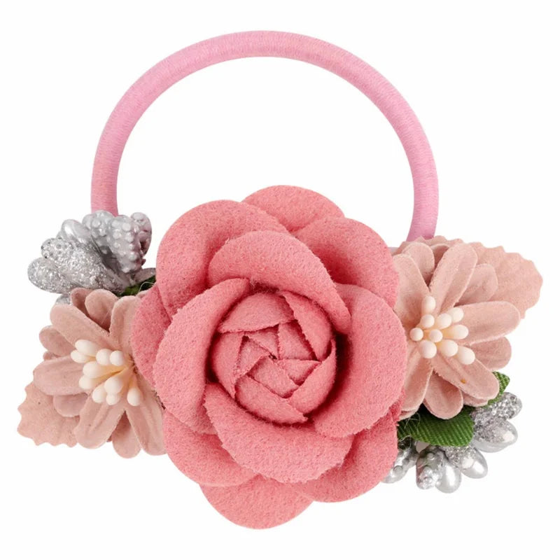 Handmade Flower Elastics Hair Ties For Kids Girls Stretchy Rubber Hairband Slim Headband Scrunchies Ponytail Holder Ring Loop