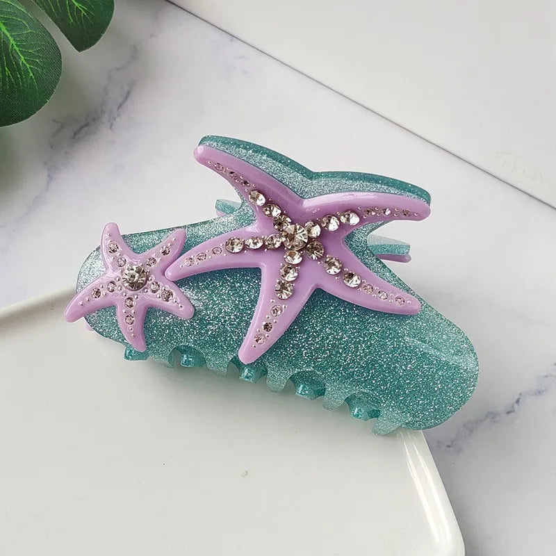 YHJ Starfish Hair Claw for Women Rhinestone Acetate Claw Clip Vacation Jewelry Hair Clip Trendy Claw Clips Hair Accessories