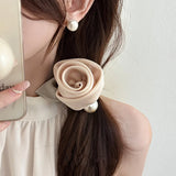 Women Elegant Silk Rose Flower Pearl Elastics Hair Band Beatiful Scrunchies Hair Ties Ladies Ponytail Holder Hair Accessories