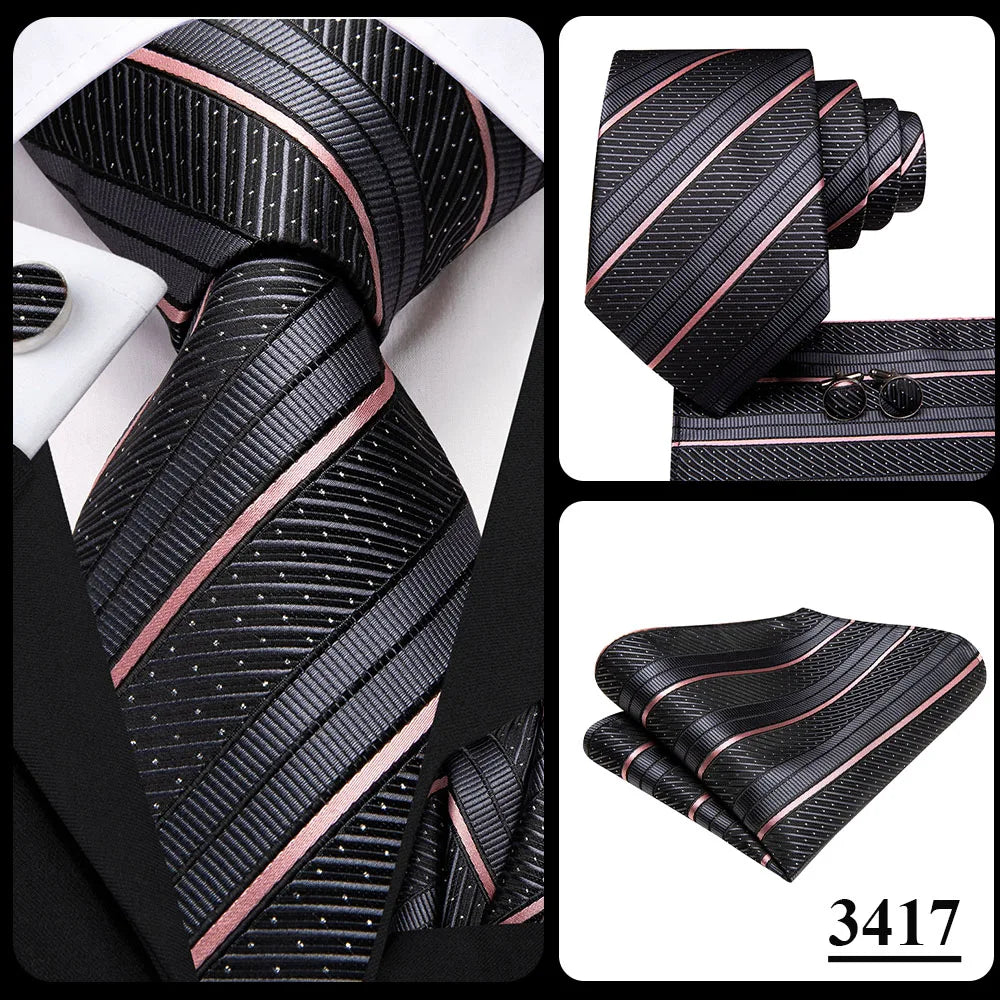 Black Red Striped Silk Wedding Tie For Men Handky Cufflink Gift Men Necktie Fashion Business Party Dropshiping Hi-Tie Designer