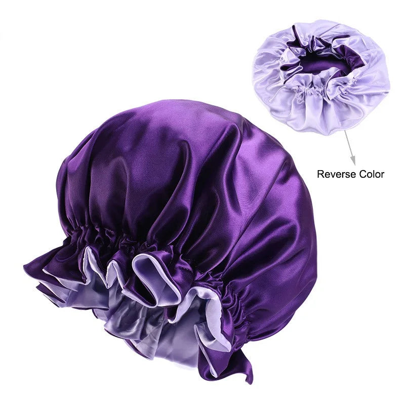 High Quality Double Sided Layer Waterproof Shower Cap Solid Color Satin Hair Bonnet Cap For Women