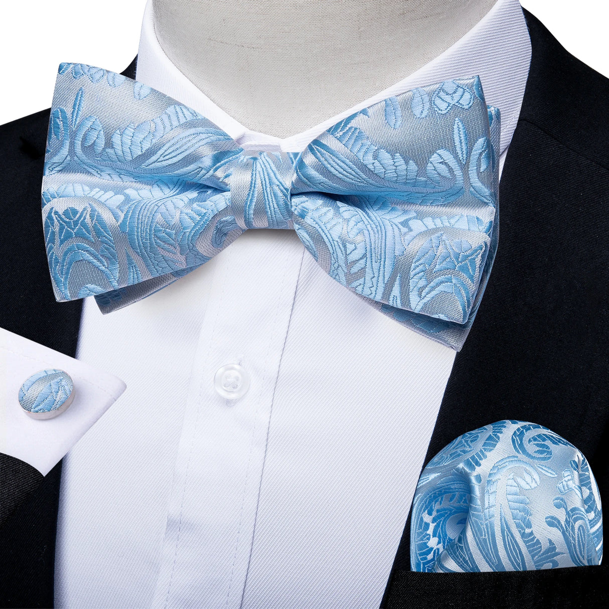 Classic Black Men Bow Ties 100% Silk Bowties Butterfly Pocket Square Cufflinks Set Suit Paisley Gold Pre-Tied Bow Tie DiBanGu