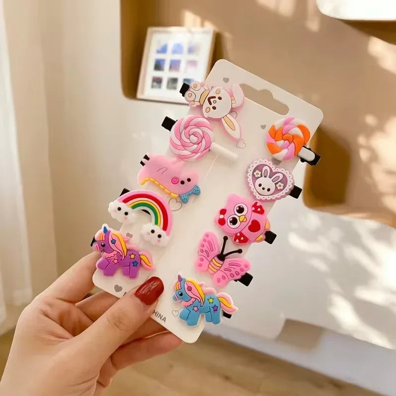 10pcs Kids Hair Clips Soft Gel 10pcs Set Girls Hair Clips Cute BB Clips Side Clips Cartoon Hair Cards