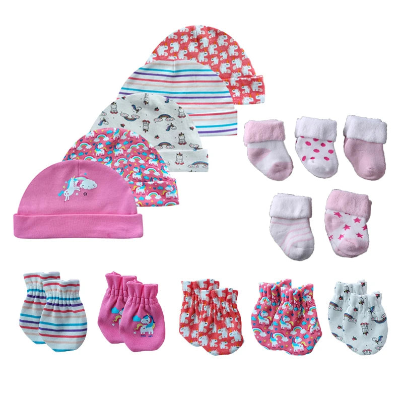 15Pieces New Born Gloves+Hats+Socks Sets Cartoon 100%Cotton Baby Boy Girl Headwear 0-12M Solid Color Infant Supplies Accessories