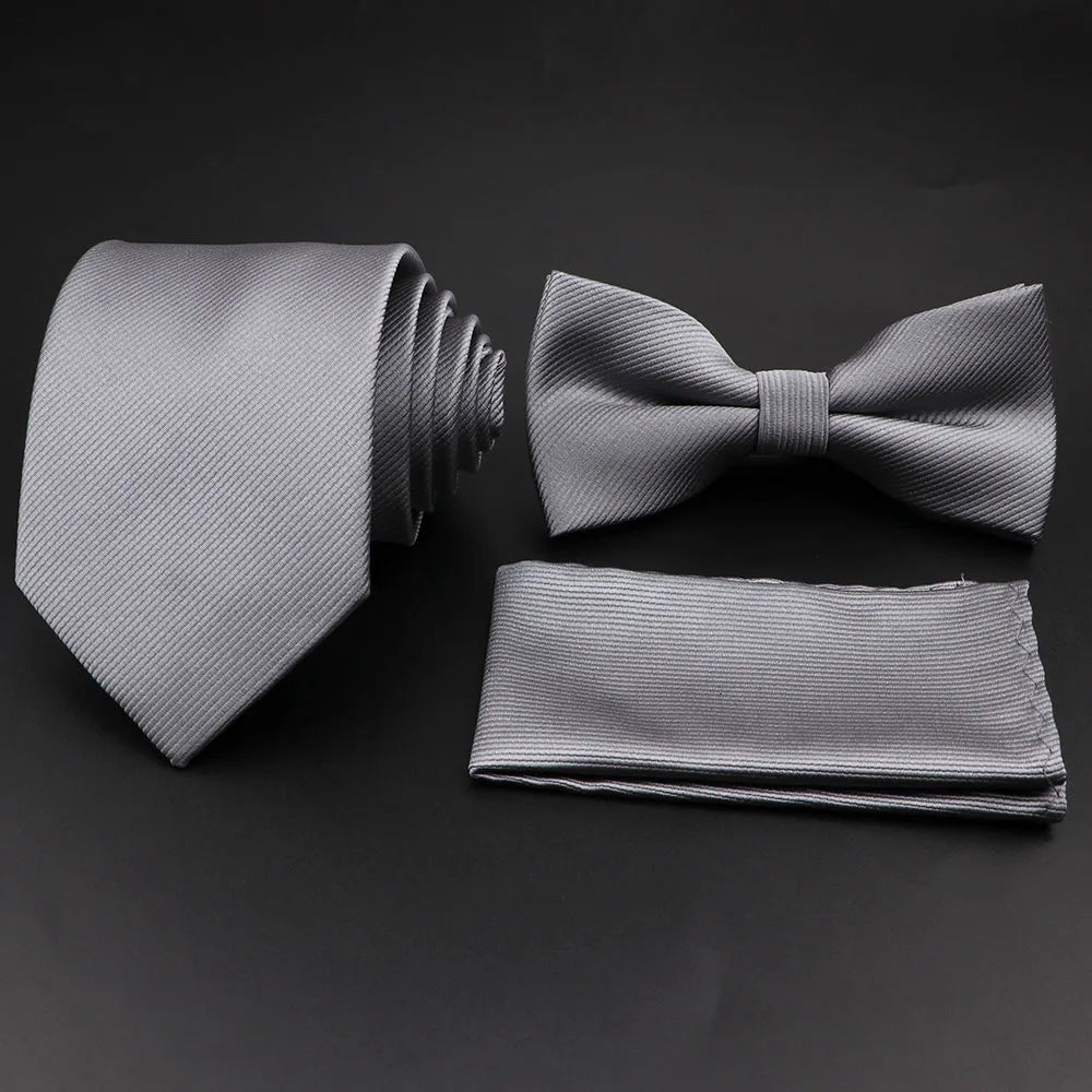 Hot Sale Red Blue Tie Set Polyester Slim Striped Necktie Bowtie Cufflink Brooch For Groom Suit Wedding Cravat Shirt Accessory