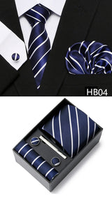 Gravatas For Men Newest design Silk Tie Handkerchief Cufflink Set Necktie Box Striped Blue Office