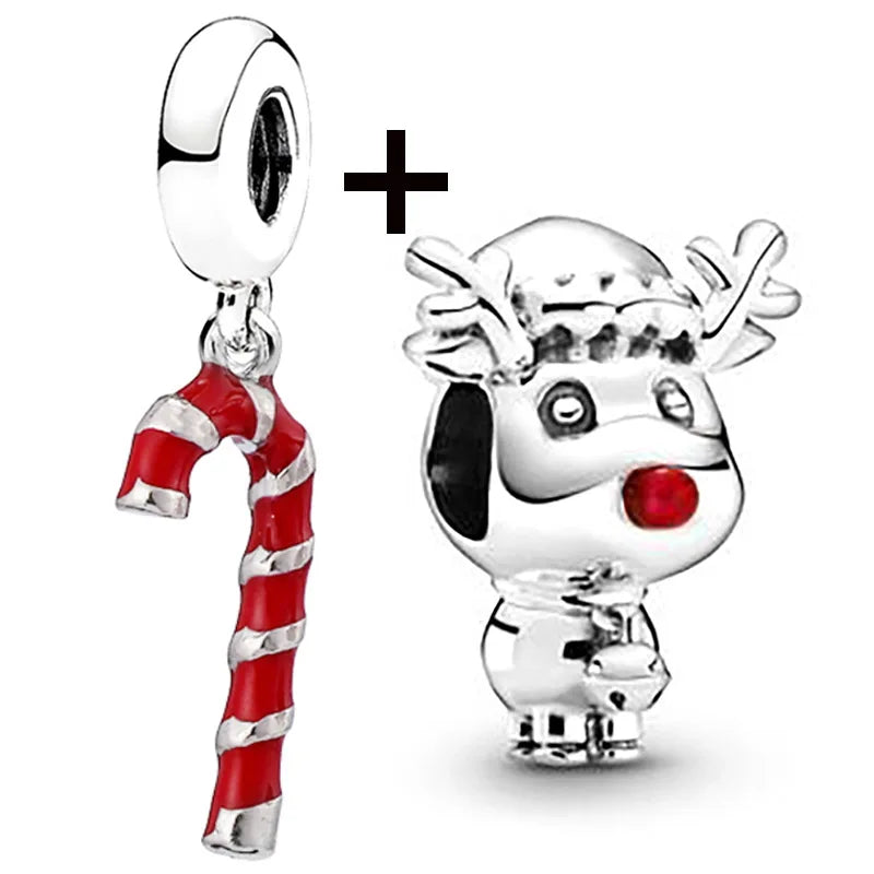 Buipoey 2pcs/lot Christmas Red Cane Gingerbread Man Charm Snowman Santa Beaded Sock Pendant DIY Beacelets jewelry Accessory Gift