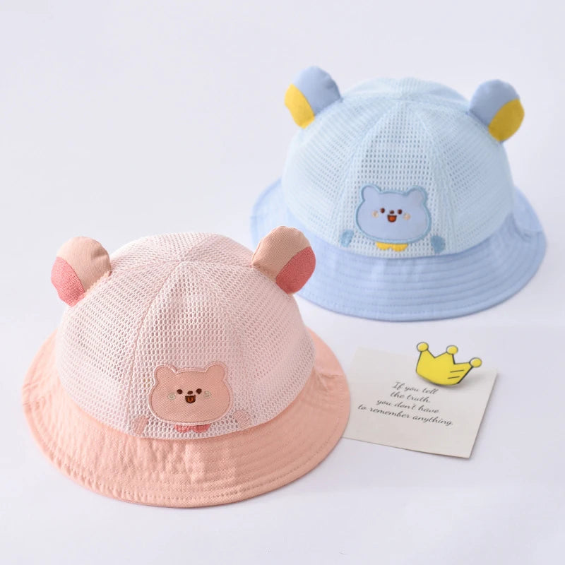 Summer Breathable Mesh Baby Hat Cute Bear Infant Boy Girl Bucket Hats Korean Cartoon Toddler Kids Casual Fisherman Cap